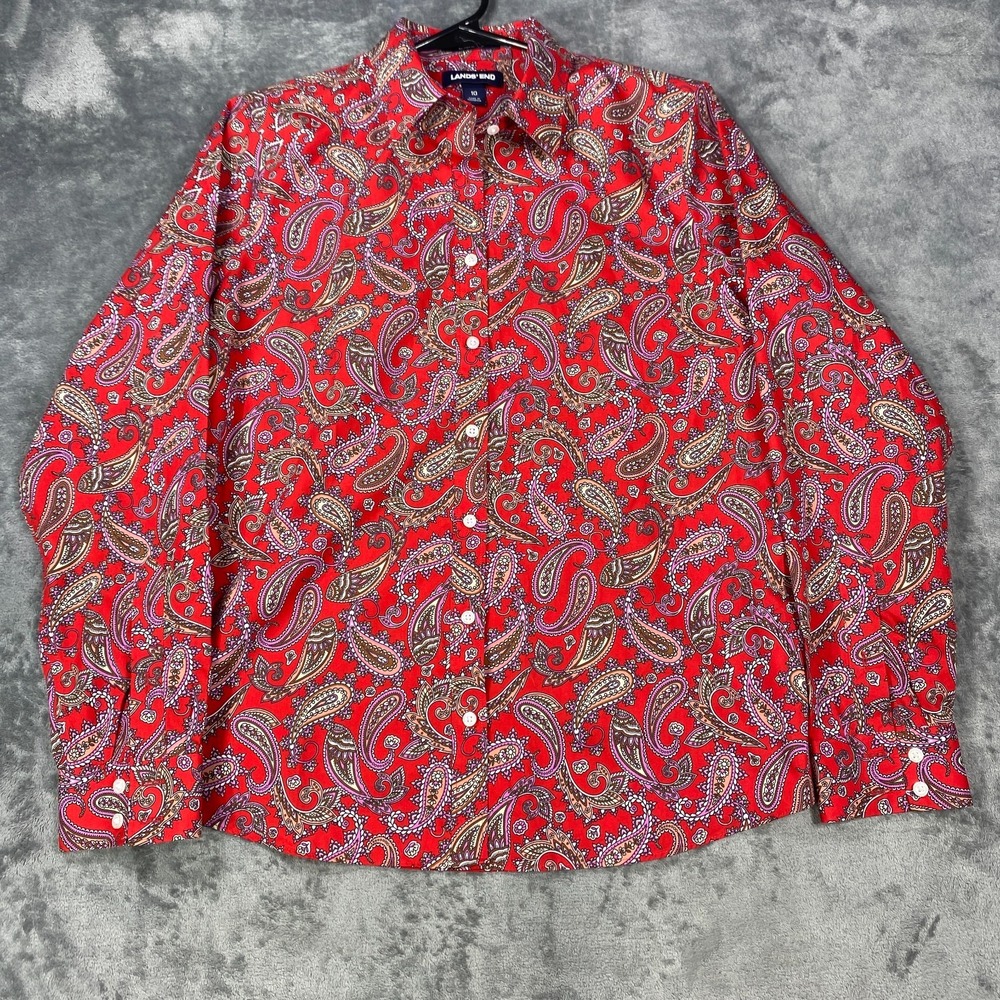 Lands End Shirt Womens 10 Red Paisley Cotton Long Sleeve Button Front Blouse Top